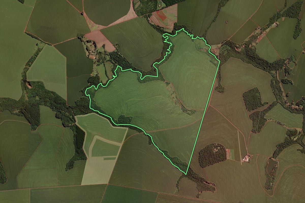 Imagem de satélite do imóvel rural em Toledo (PR), com o contorno declarado no CAR desenhado por cima.