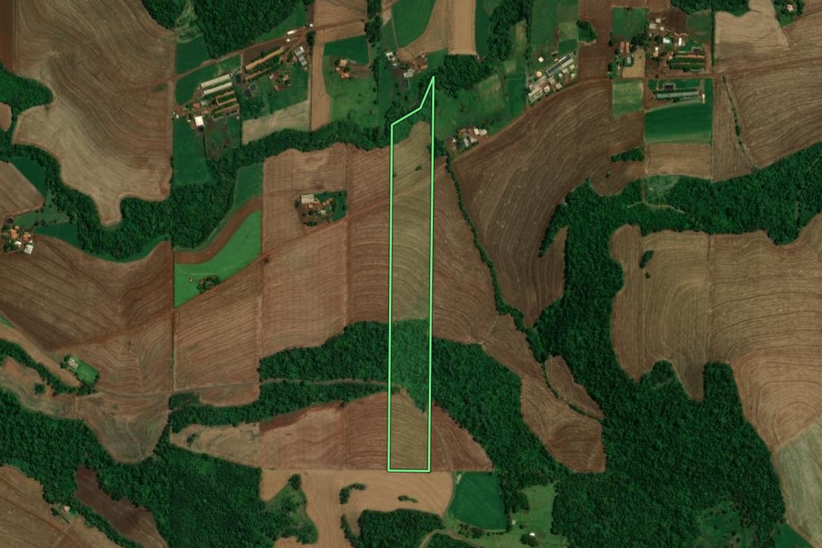 Imagem de satélite do imóvel rural em Toledo (PR), com o contorno declarado no CAR desenhado por cima.
