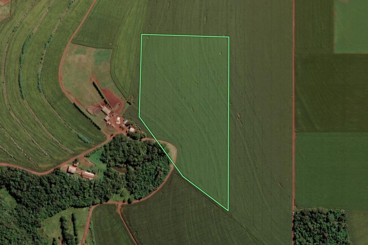 Imagem de satélite do imóvel rural em Toledo (PR), com o contorno declarado no CAR desenhado por cima.