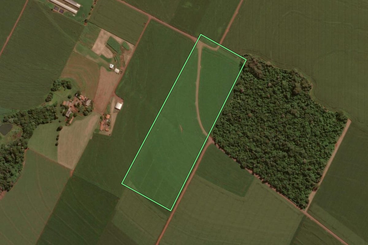Imagem de satélite do imóvel rural em Toledo (PR), com o contorno declarado no CAR desenhado por cima.
