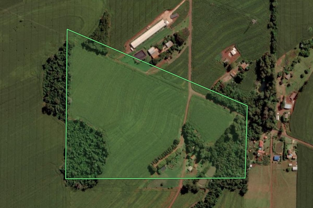 Imagem de satélite do imóvel rural em Toledo (PR), com o contorno declarado no CAR desenhado por cima.