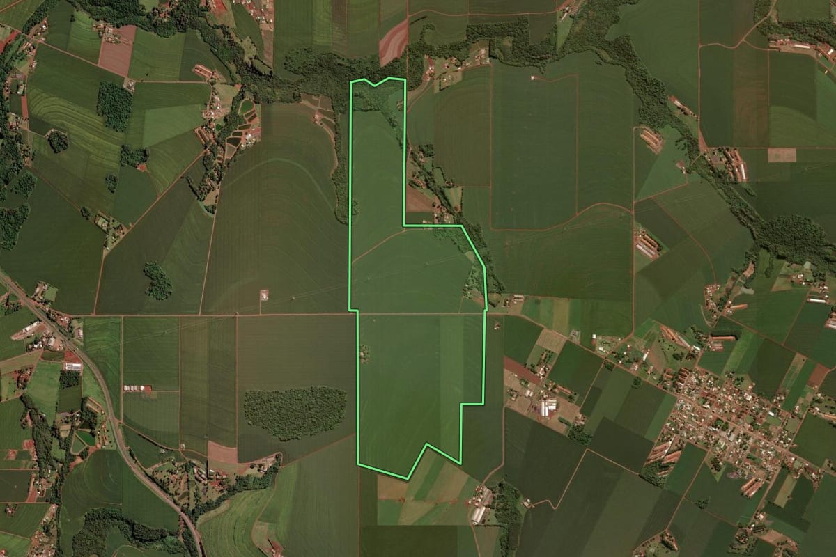 Imagem de satélite do imóvel rural em Toledo (PR), com o contorno declarado no CAR desenhado por cima.