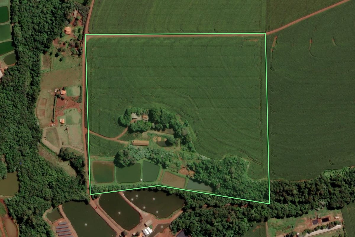 Imagem de satélite do imóvel rural em Toledo (PR), com o contorno declarado no CAR desenhado por cima.