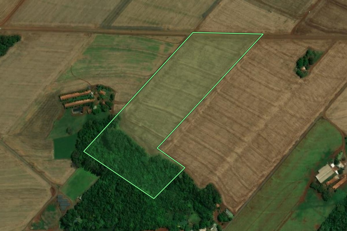 Imagem de satélite do imóvel rural em Toledo (PR), com o contorno declarado no CAR desenhado por cima.