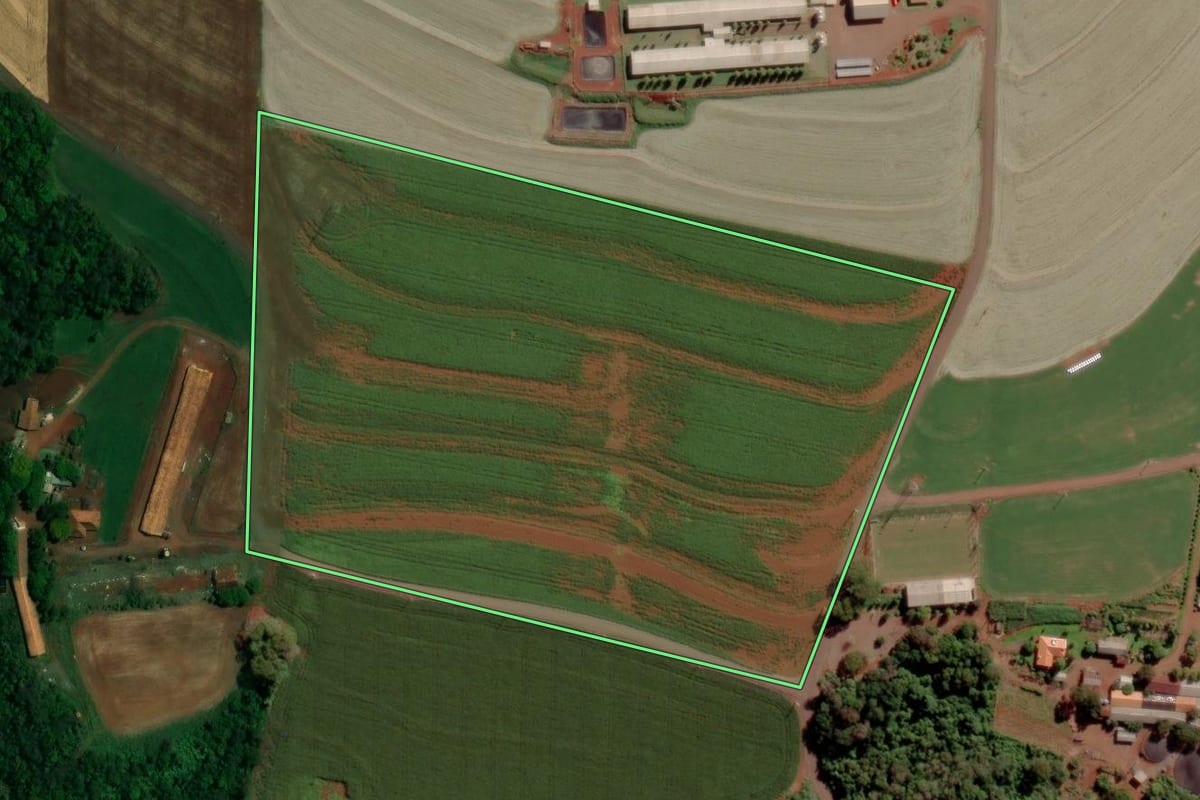 Imagem de satélite do imóvel rural em Toledo (PR), com o contorno declarado no CAR desenhado por cima.