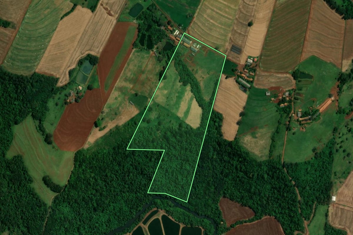 Imagem de satélite do imóvel rural em Toledo (PR), com o contorno declarado no CAR desenhado por cima.