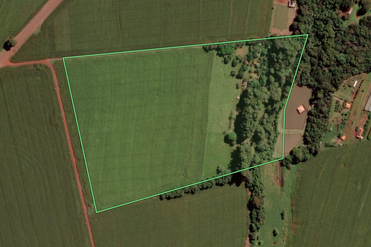 Imagem de satélite do imóvel rural em Toledo (PR), com o contorno declarado no CAR desenhado por cima.