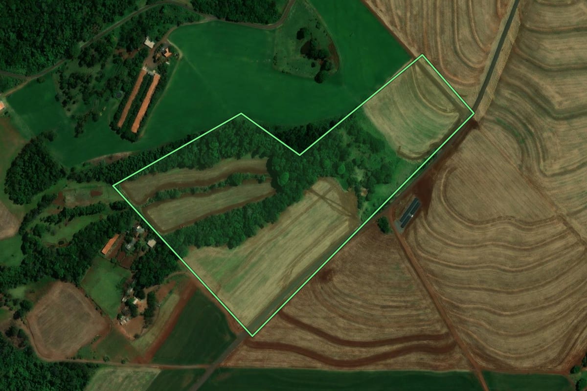 Imagem de satélite do imóvel rural em Toledo (PR), com o contorno declarado no CAR desenhado por cima.