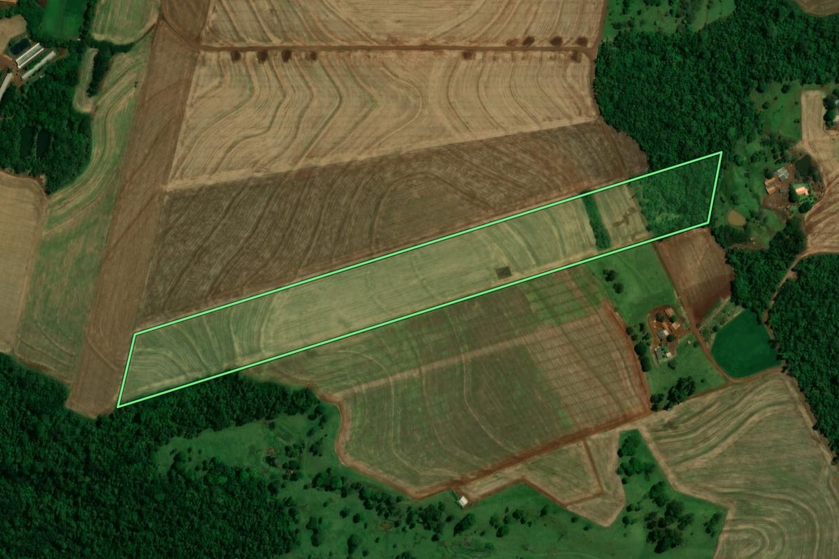 Imagem de satélite do imóvel rural em Toledo (PR), com o contorno declarado no CAR desenhado por cima.