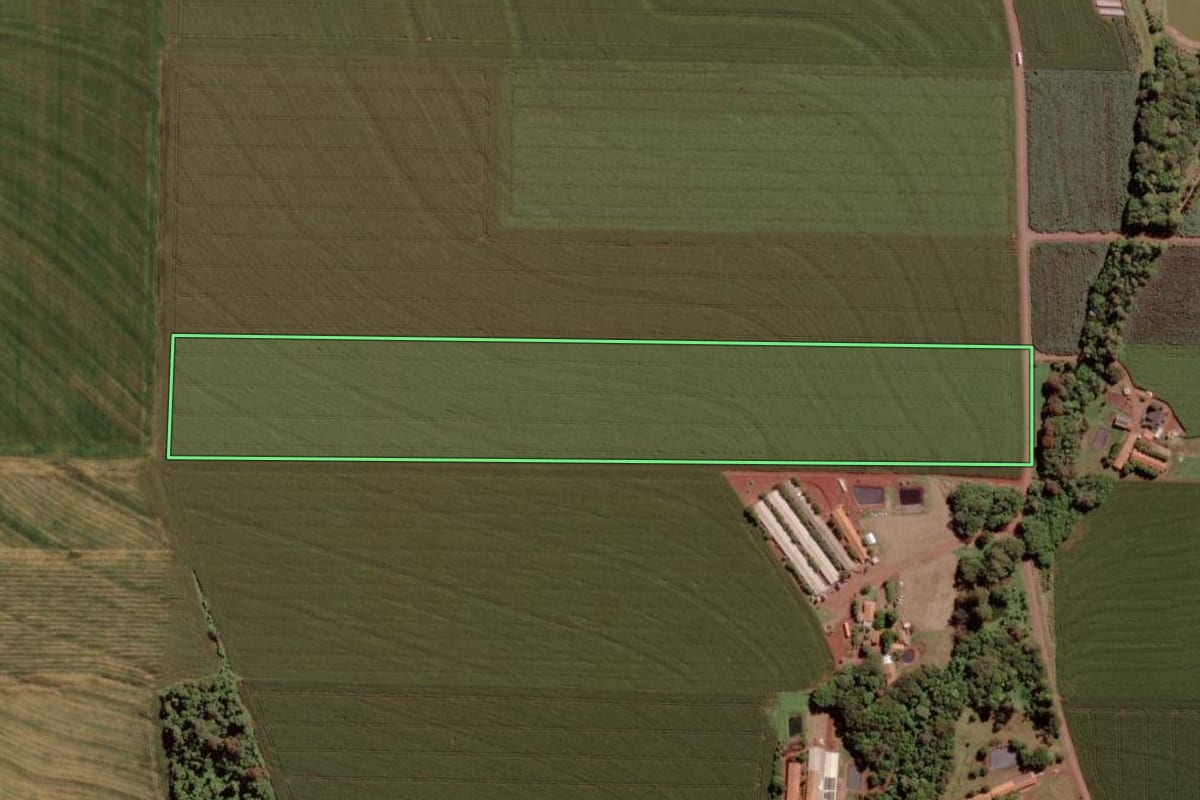 Imagem de satélite do imóvel rural em Toledo (PR), com o contorno declarado no CAR desenhado por cima.