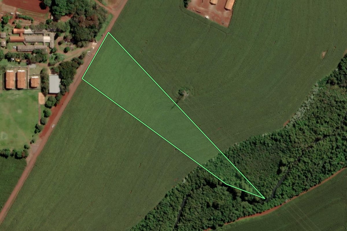 Imagem de satélite do imóvel rural em Toledo (PR), com o contorno declarado no CAR desenhado por cima.