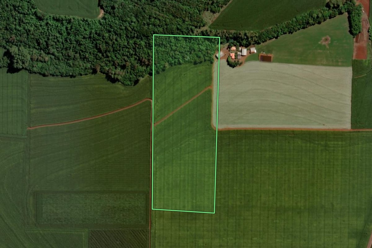 Imagem de satélite do imóvel rural em Toledo (PR), com o contorno declarado no CAR desenhado por cima.