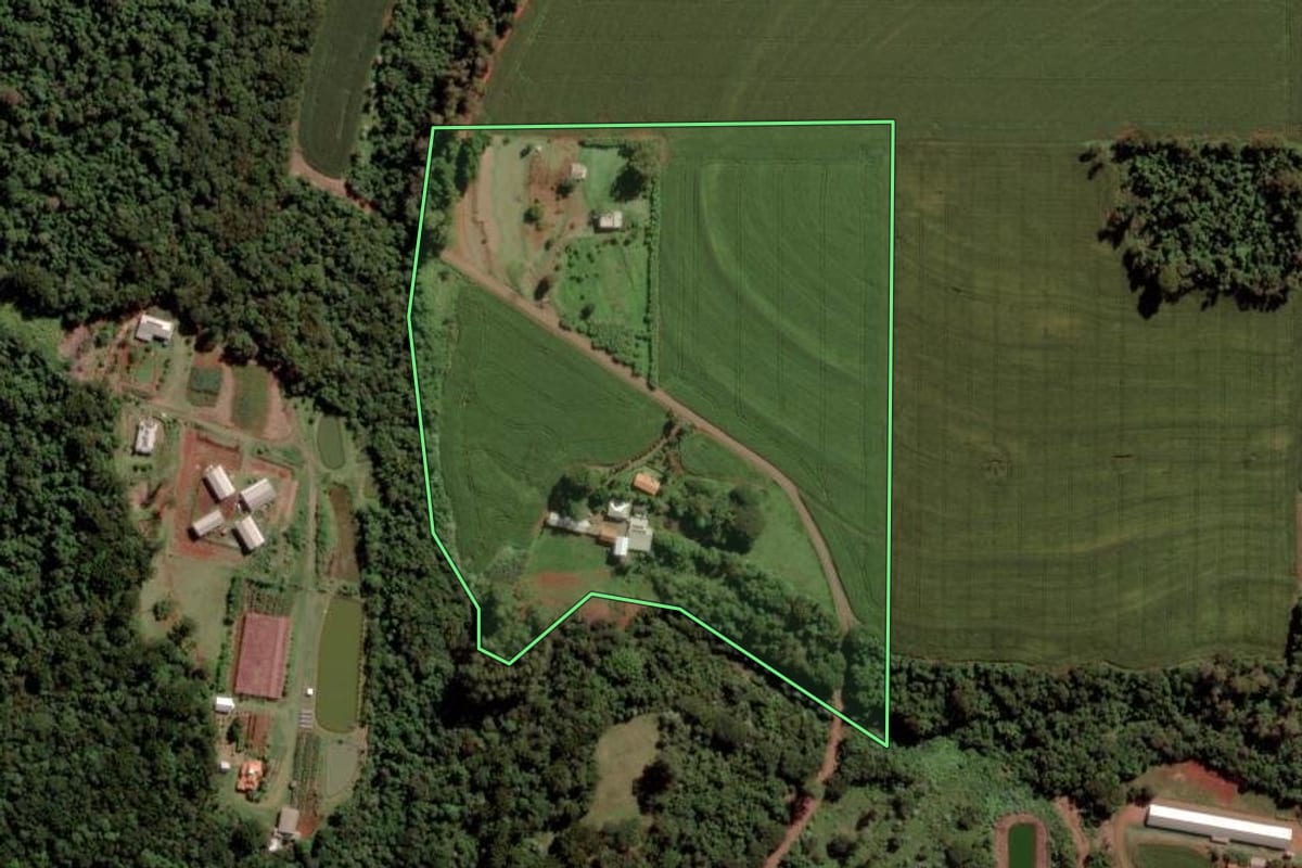 Imagem de satélite do imóvel rural em Toledo (PR), com o contorno declarado no CAR desenhado por cima.