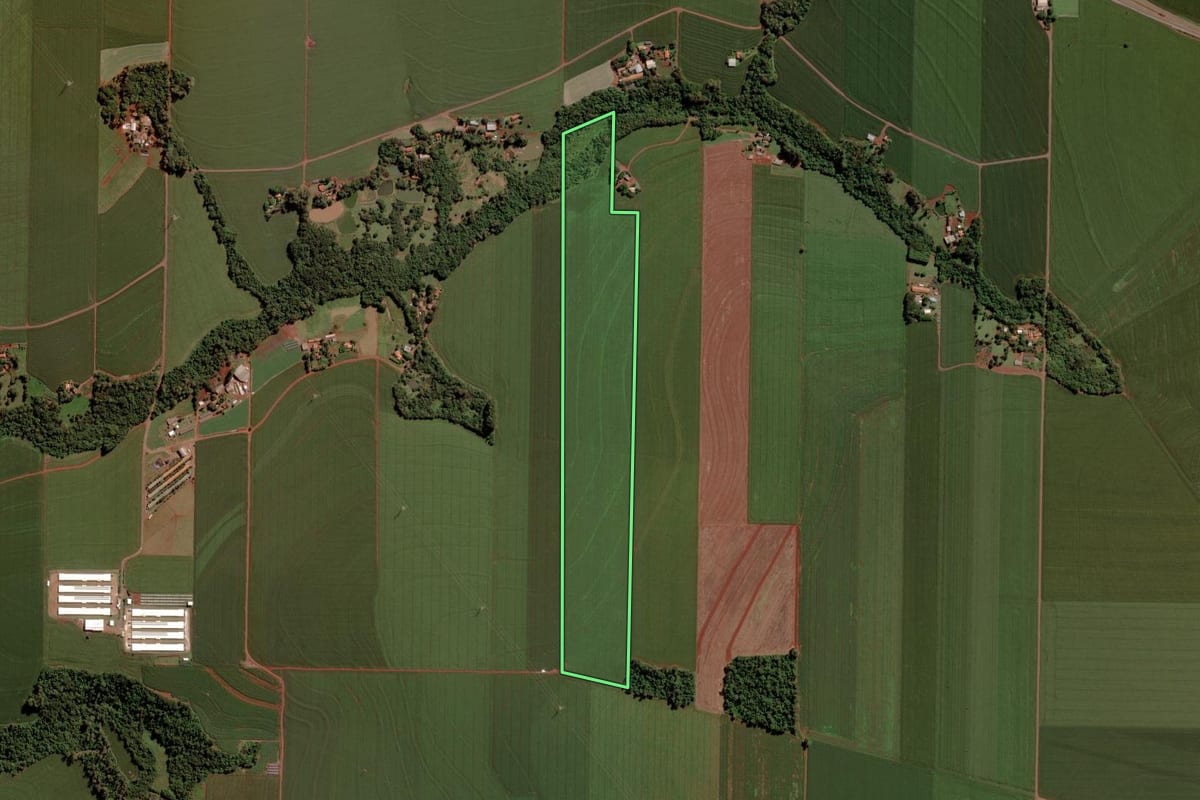 Imagem de satélite do imóvel rural em Toledo (PR), com o contorno declarado no CAR desenhado por cima.
