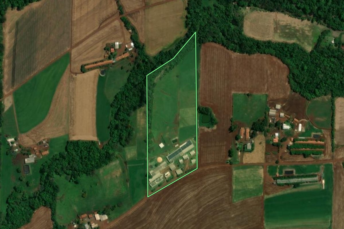 Imagem de satélite do imóvel rural em Toledo (PR), com o contorno declarado no CAR desenhado por cima.
