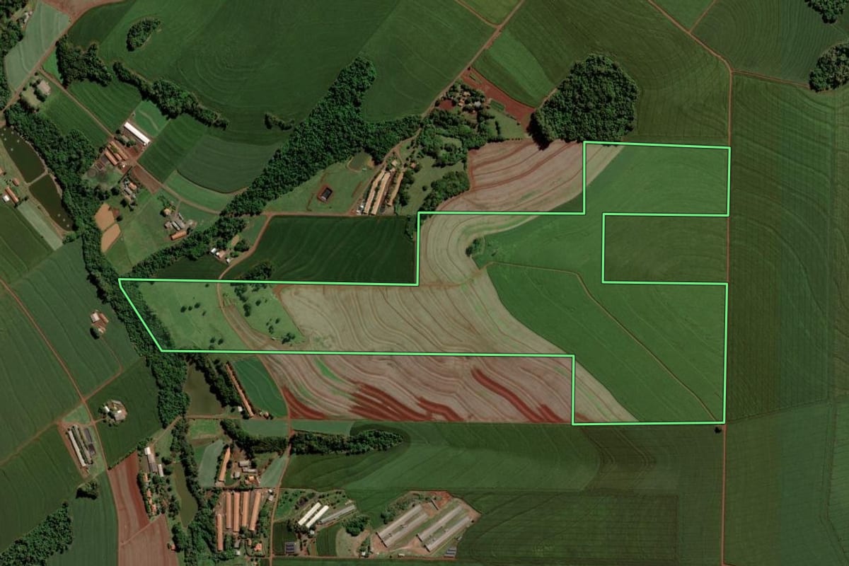 Imagem de satélite do imóvel rural em Toledo (PR), com o contorno declarado no CAR desenhado por cima.