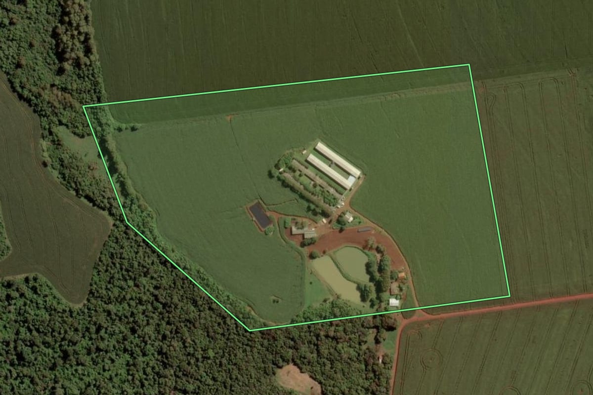 Imagem de satélite do imóvel rural em Toledo (PR), com o contorno declarado no CAR desenhado por cima.