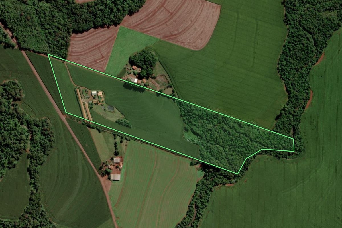 Imagem de satélite do imóvel rural em Toledo (PR), com o contorno declarado no CAR desenhado por cima.