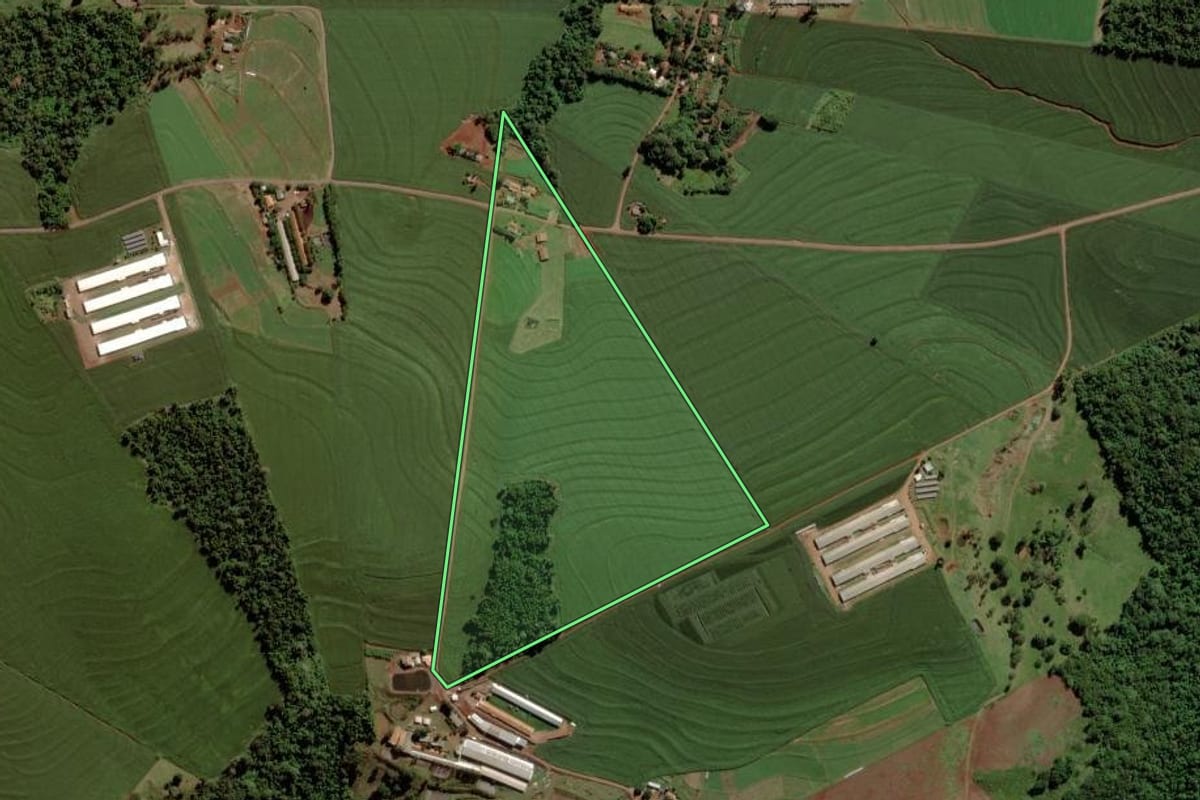 Imagem de satélite do imóvel rural em Toledo (PR), com o contorno declarado no CAR desenhado por cima.