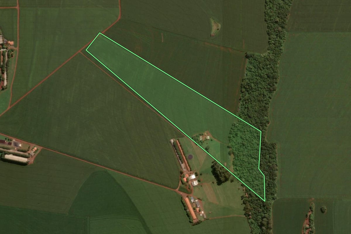 Imagem de satélite do imóvel rural em Toledo (PR), com o contorno declarado no CAR desenhado por cima.