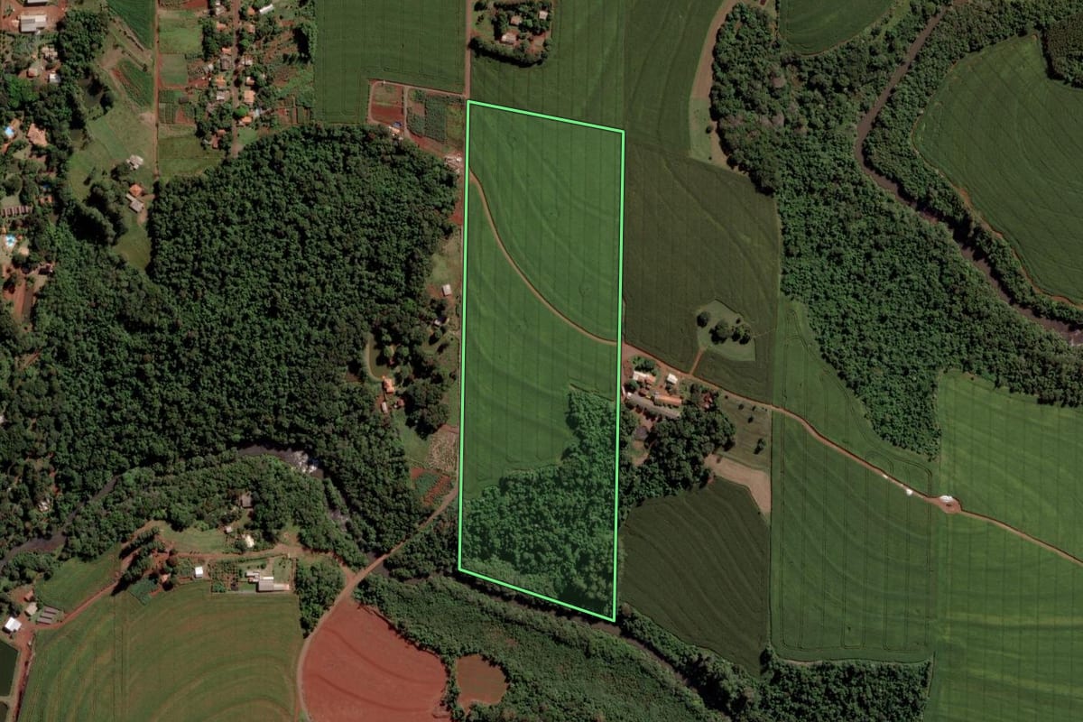 Imagem de satélite do imóvel rural em Toledo (PR), com o contorno declarado no CAR desenhado por cima.