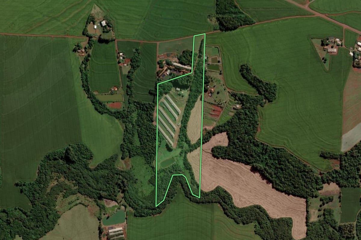 Imagem de satélite do imóvel rural em Toledo (PR), com o contorno declarado no CAR desenhado por cima.