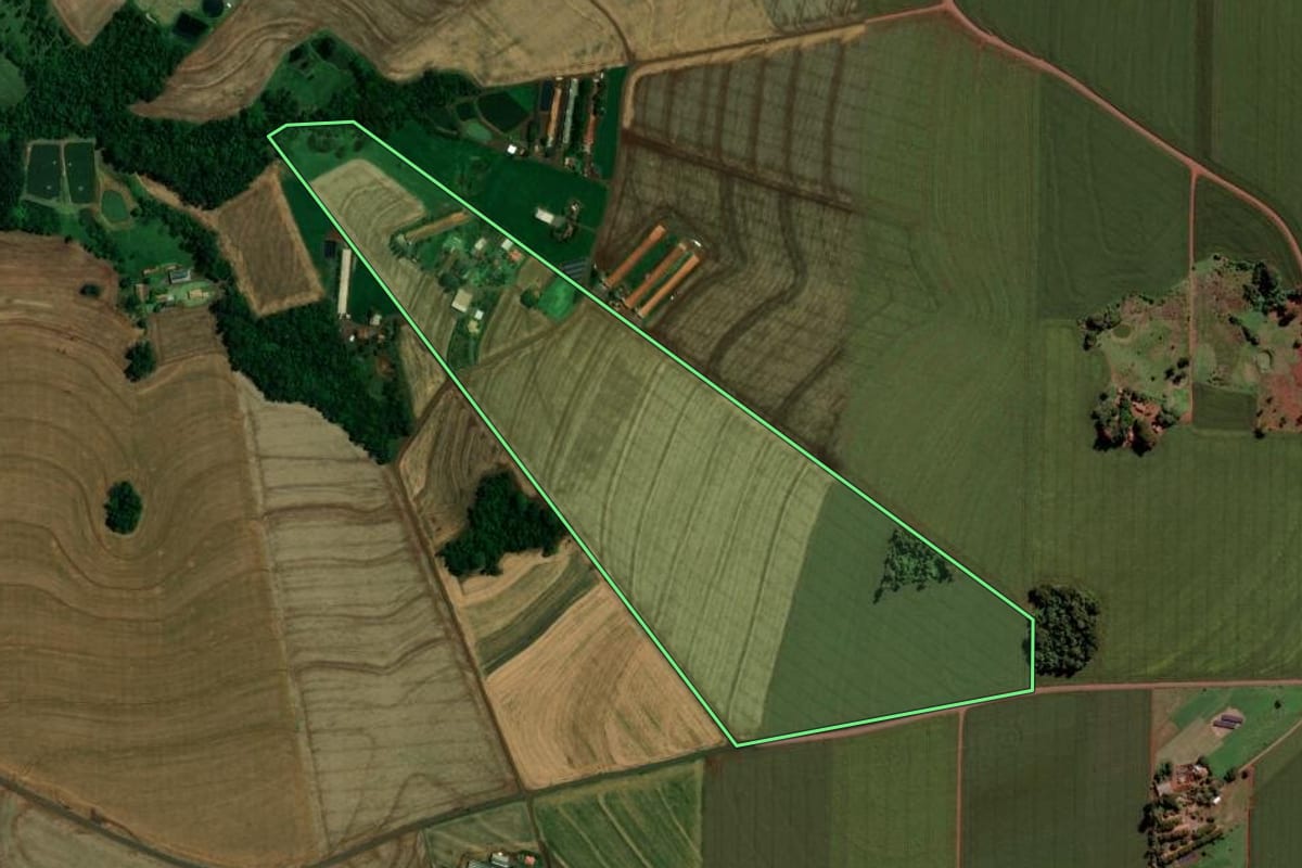 Imagem de satélite do imóvel rural em Toledo (PR), com o contorno declarado no CAR desenhado por cima.