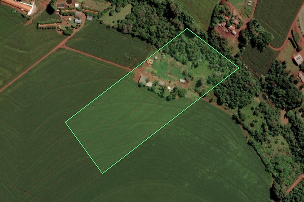 Imagem de satélite do imóvel rural em Toledo (PR), com o contorno declarado no CAR desenhado por cima.