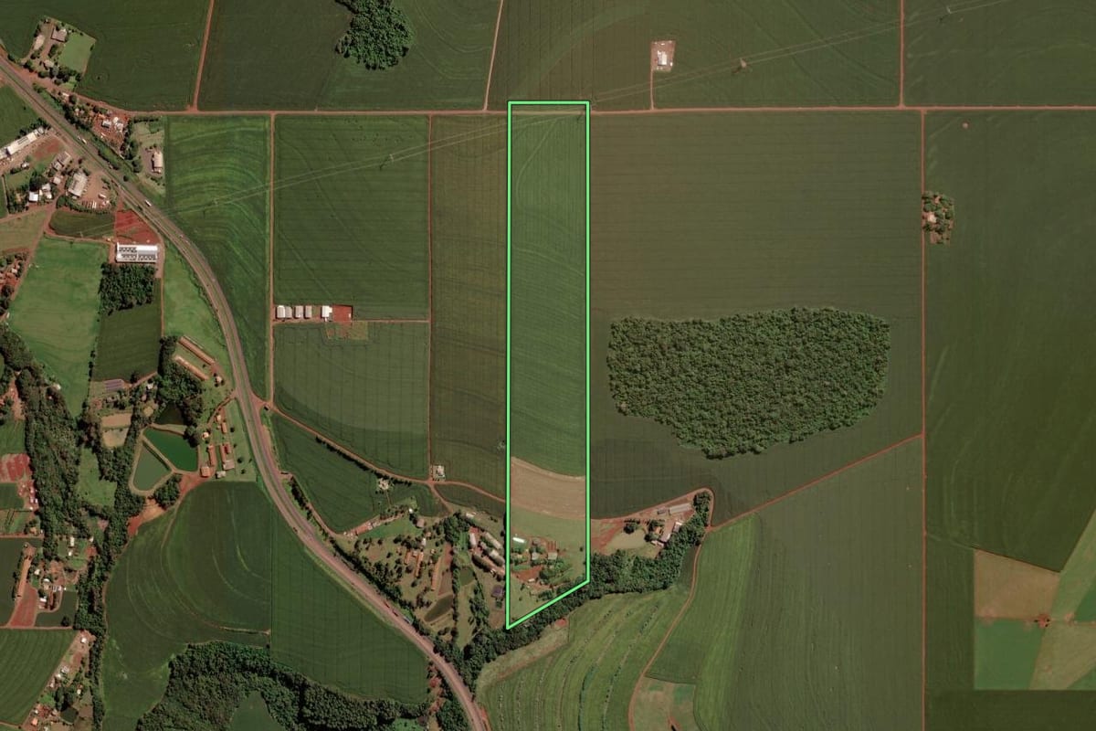 Imagem de satélite do imóvel rural em Toledo (PR), com o contorno declarado no CAR desenhado por cima.