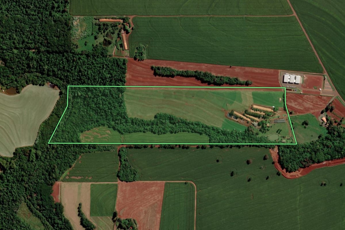 Imagem de satélite do imóvel rural em Toledo (PR), com o contorno declarado no CAR desenhado por cima.
