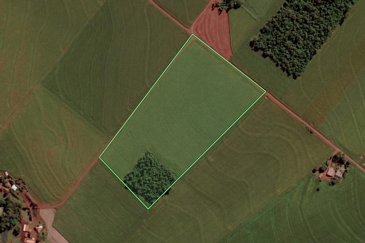 Imagem de satélite do imóvel rural em Toledo (PR), com o contorno declarado no CAR desenhado por cima.