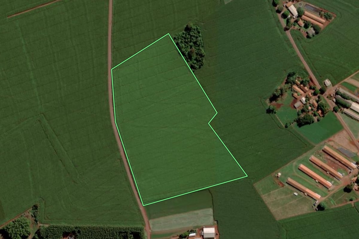 Imagem de satélite do imóvel rural em Toledo (PR), com o contorno declarado no CAR desenhado por cima.