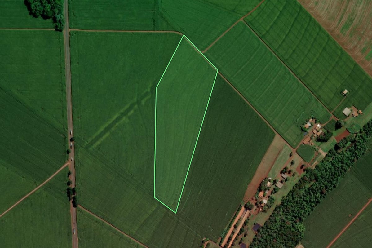 Imagem de satélite do imóvel rural em Toledo (PR), com o contorno declarado no CAR desenhado por cima.