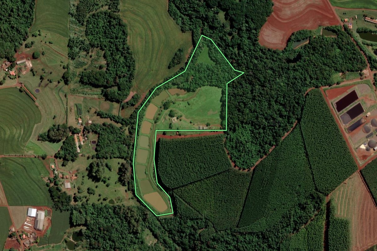 Imagem de satélite do imóvel rural em Toledo (PR), com o contorno declarado no CAR desenhado por cima.