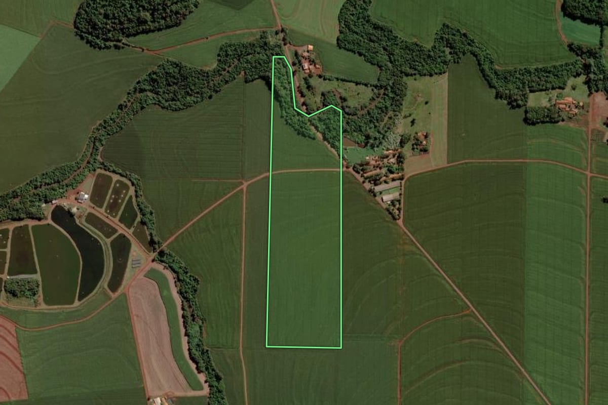 Imagem de satélite do imóvel rural em Toledo (PR), com o contorno declarado no CAR desenhado por cima.