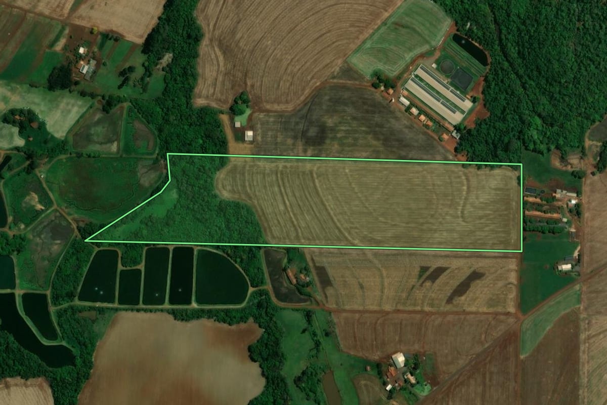 Imagem de satélite do imóvel rural em Toledo (PR), com o contorno declarado no CAR desenhado por cima.