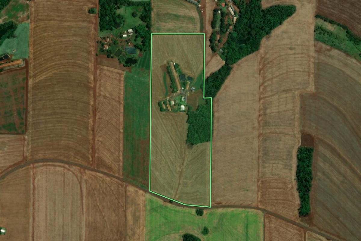 Imagem de satélite do imóvel rural em Toledo (PR), com o contorno declarado no CAR desenhado por cima.