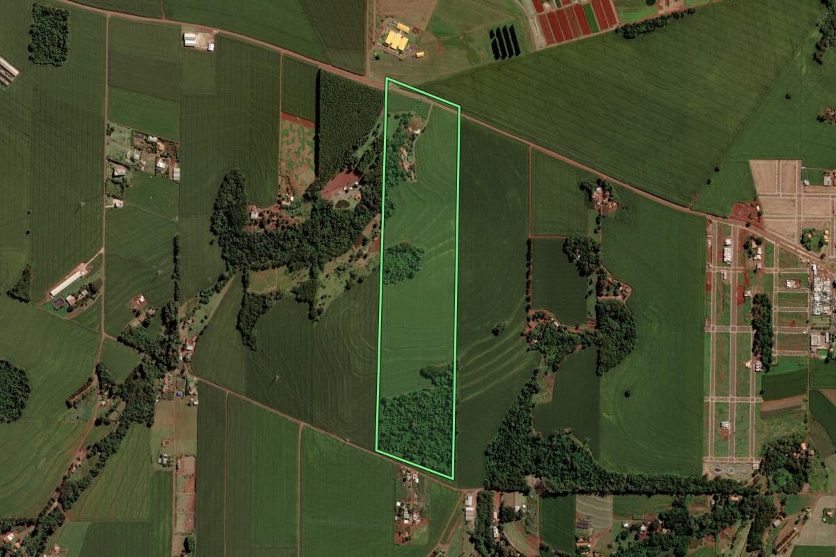 Imagem de satélite do imóvel rural em Toledo (PR), com o contorno declarado no CAR desenhado por cima.