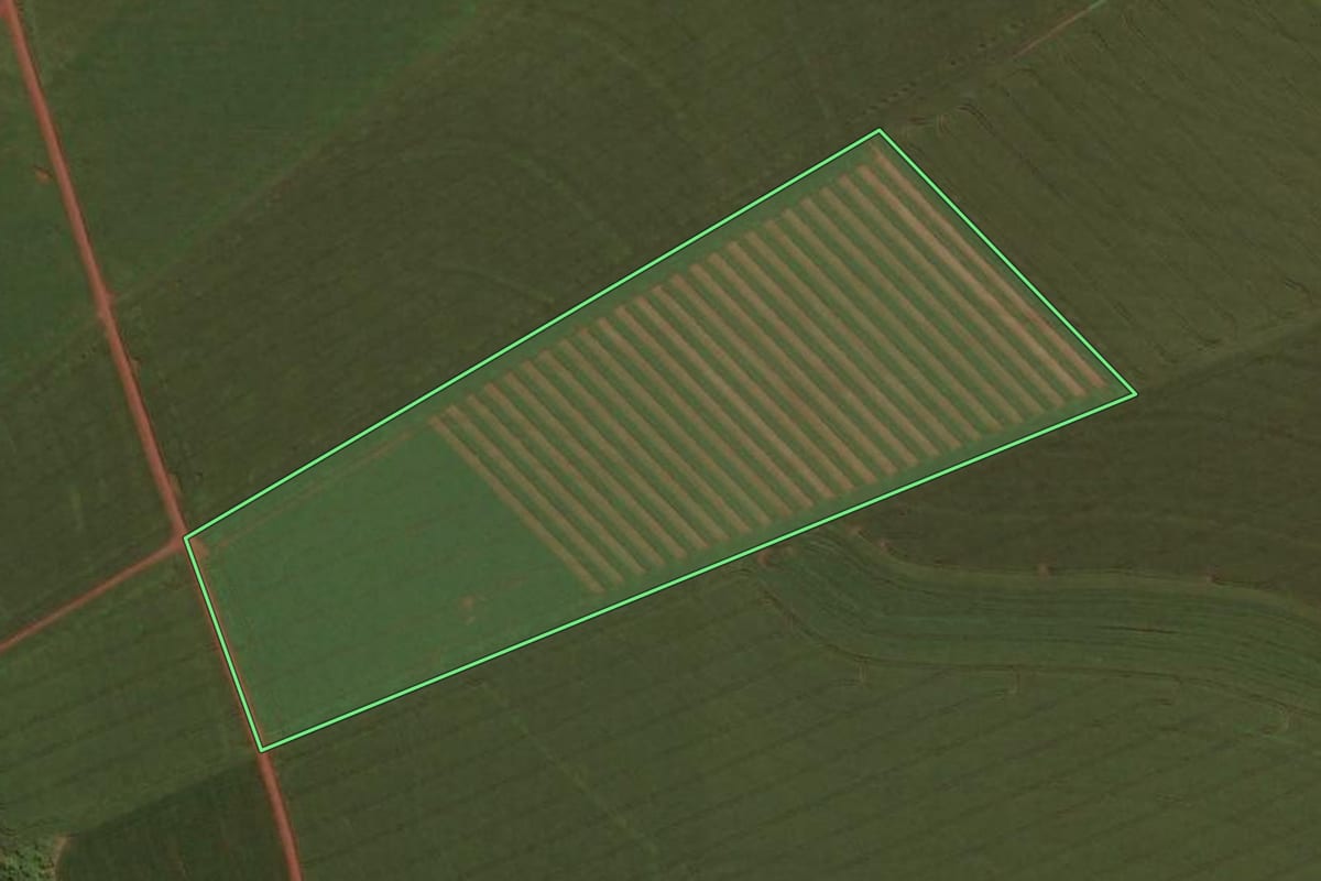 Imagem de satélite do imóvel rural em Toledo (PR), com o contorno declarado no CAR desenhado por cima.