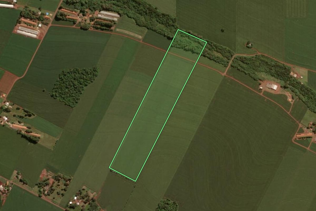 Imagem de satélite do imóvel rural em Toledo (PR), com o contorno declarado no CAR desenhado por cima.