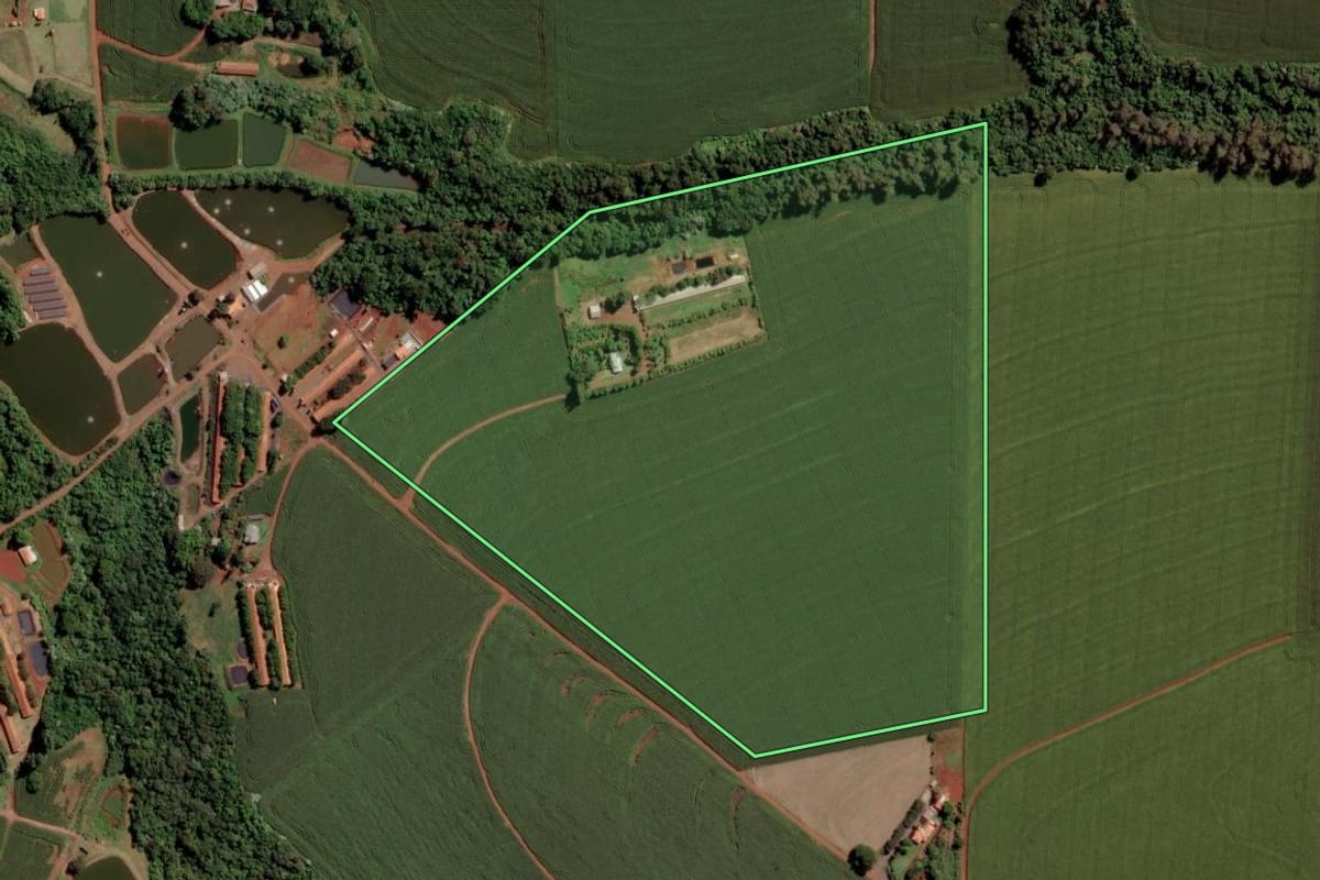 Imagem de satélite do imóvel rural em Toledo (PR), com o contorno declarado no CAR desenhado por cima.