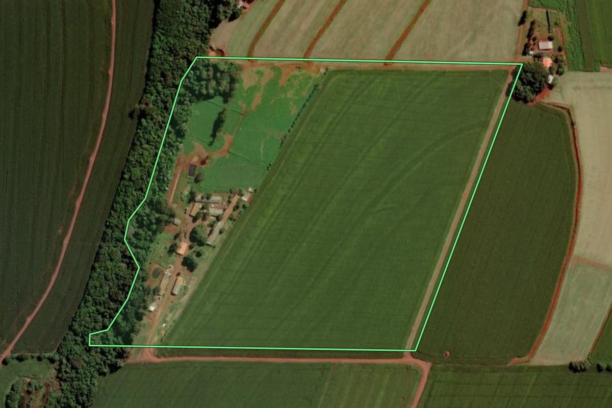 Imagem de satélite do imóvel rural em Toledo (PR), com o contorno declarado no CAR desenhado por cima.