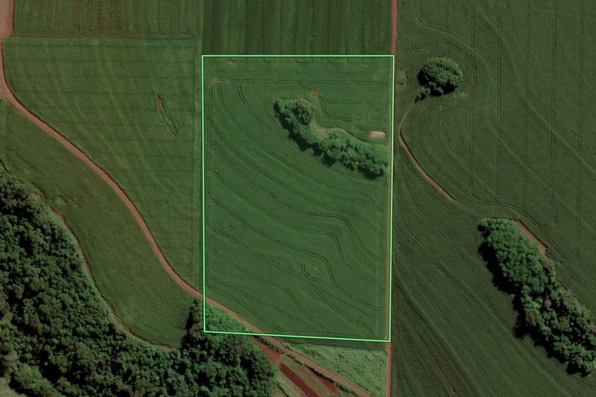 Imagem de satélite do imóvel rural em Toledo (PR), com o contorno declarado no CAR desenhado por cima.