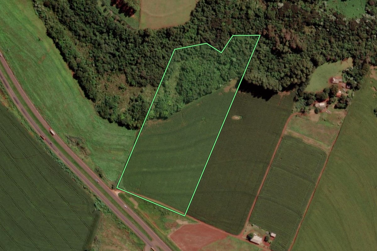 Imagem de satélite do imóvel rural em Toledo (PR), com o contorno declarado no CAR desenhado por cima.