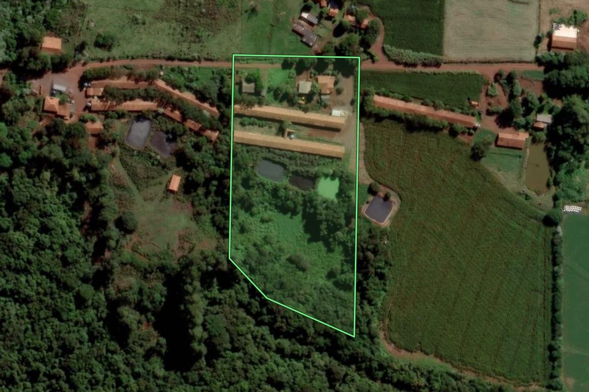 Imagem de satélite do imóvel rural em Toledo (PR), com o contorno declarado no CAR desenhado por cima.