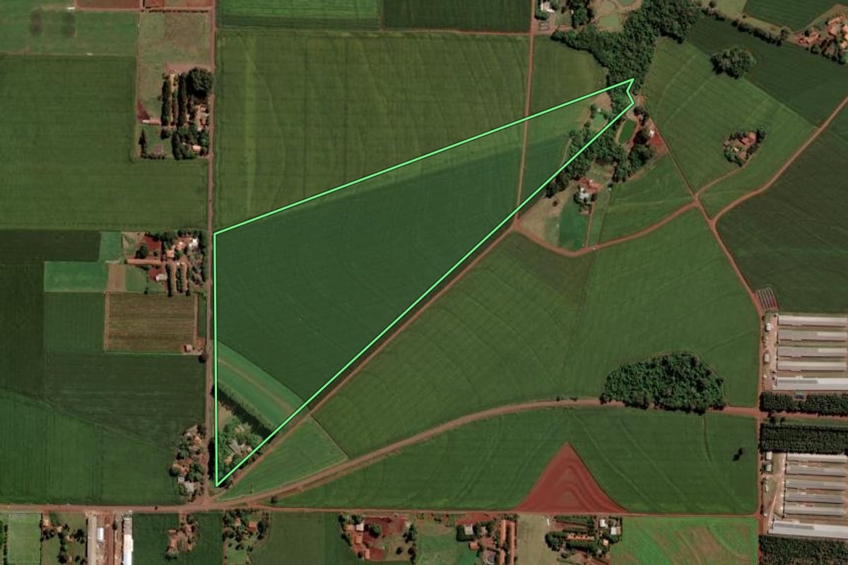 Imagem de satélite do imóvel rural em Toledo (PR), com o contorno declarado no CAR desenhado por cima.