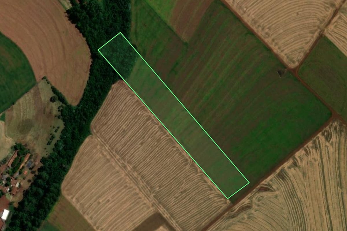 Imagem de satélite do imóvel rural em Toledo (PR), com o contorno declarado no CAR desenhado por cima.