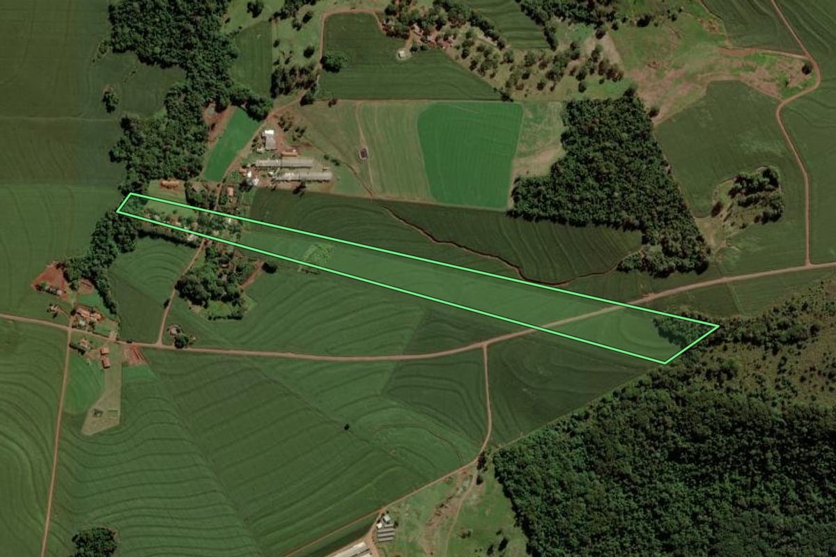 Imagem de satélite do imóvel rural em Toledo (PR), com o contorno declarado no CAR desenhado por cima.