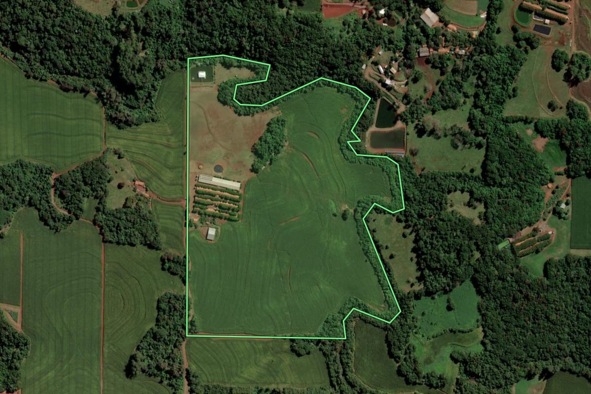 Imagem de satélite do imóvel rural em Toledo (PR), com o contorno declarado no CAR desenhado por cima.