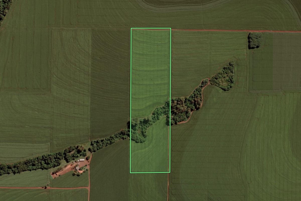 Imagem de satélite do imóvel rural em Toledo (PR), com o contorno declarado no CAR desenhado por cima.